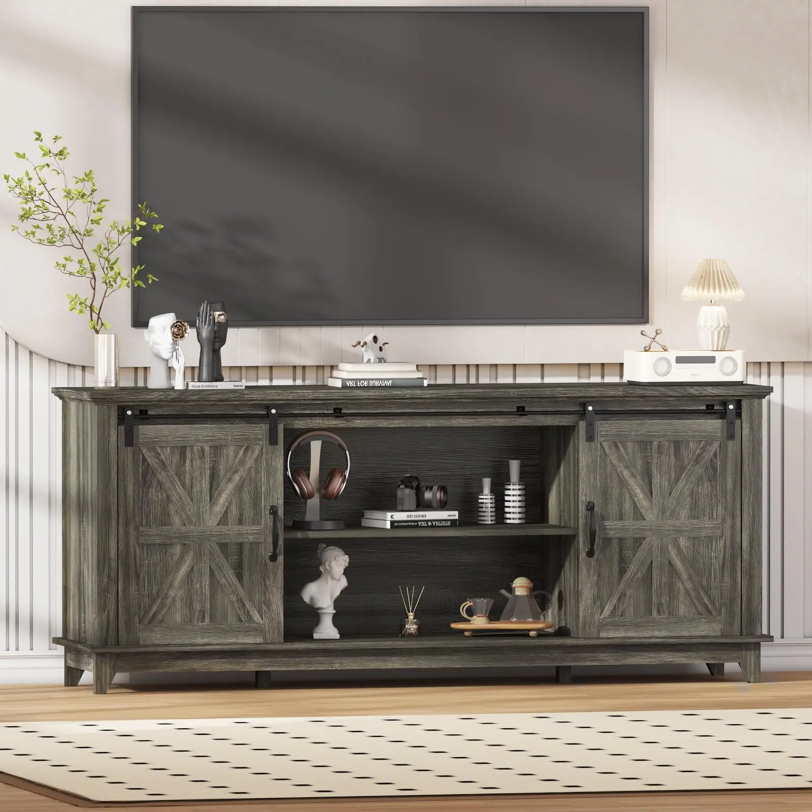Garvee Classic Farmhouse TV Stand for 75-Inch Television, Wood Entertainment Center with Sliding Barn Doors, Adjustable Shelf Media Console Table with Storage, 15.8x66x28 Inches, Oak Finish
