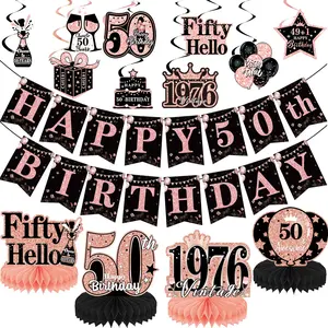 15Pcs 50th Birthday Decorations Set with Banner Honeycomb Centerpieces, Hanging Swirls, Rose Gold 50th Party Decorations, Cheers to Fifty-Year-Old Birthday Party, 50 Years Old Table Party Supplies