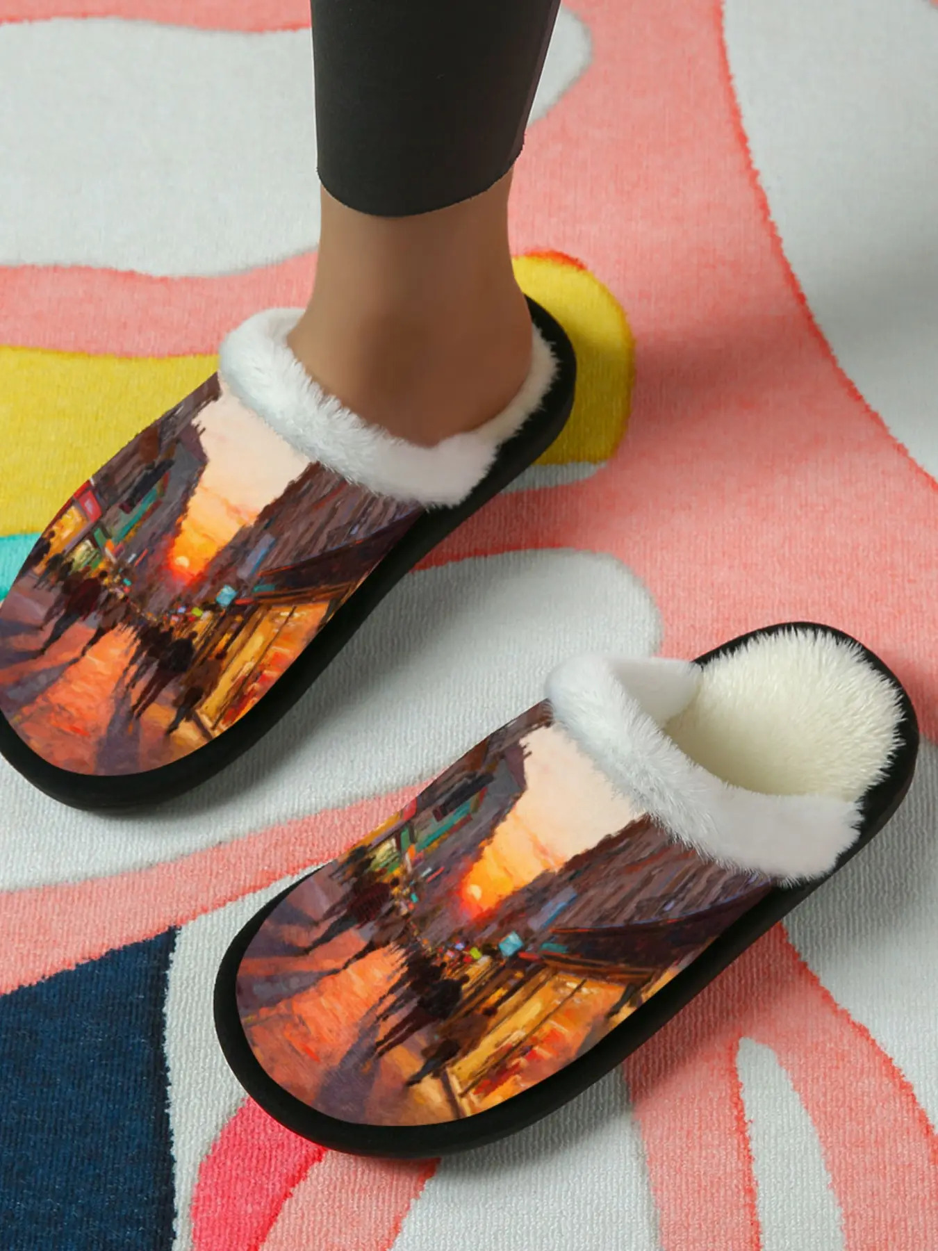 Vintage Village Oil Painting Cotton Slippers, Warm Anti-Slip Thick Sole, Casual Textile Inner Lining, Fall Winter Home Shoes