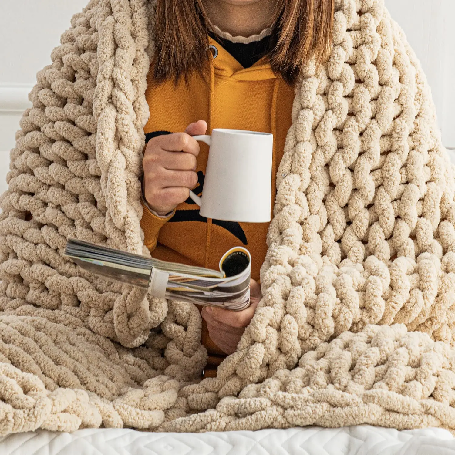Chunky Knit Blanket Throw - 50"X60" 3.7 Lbs. - Soft Chenille Yarn Knitted Blanket - Machine Washable Crochet Blanket - Handmade Cable Knit Throw Blanket for Couch, Bed (Oat White) Hearth & Stone