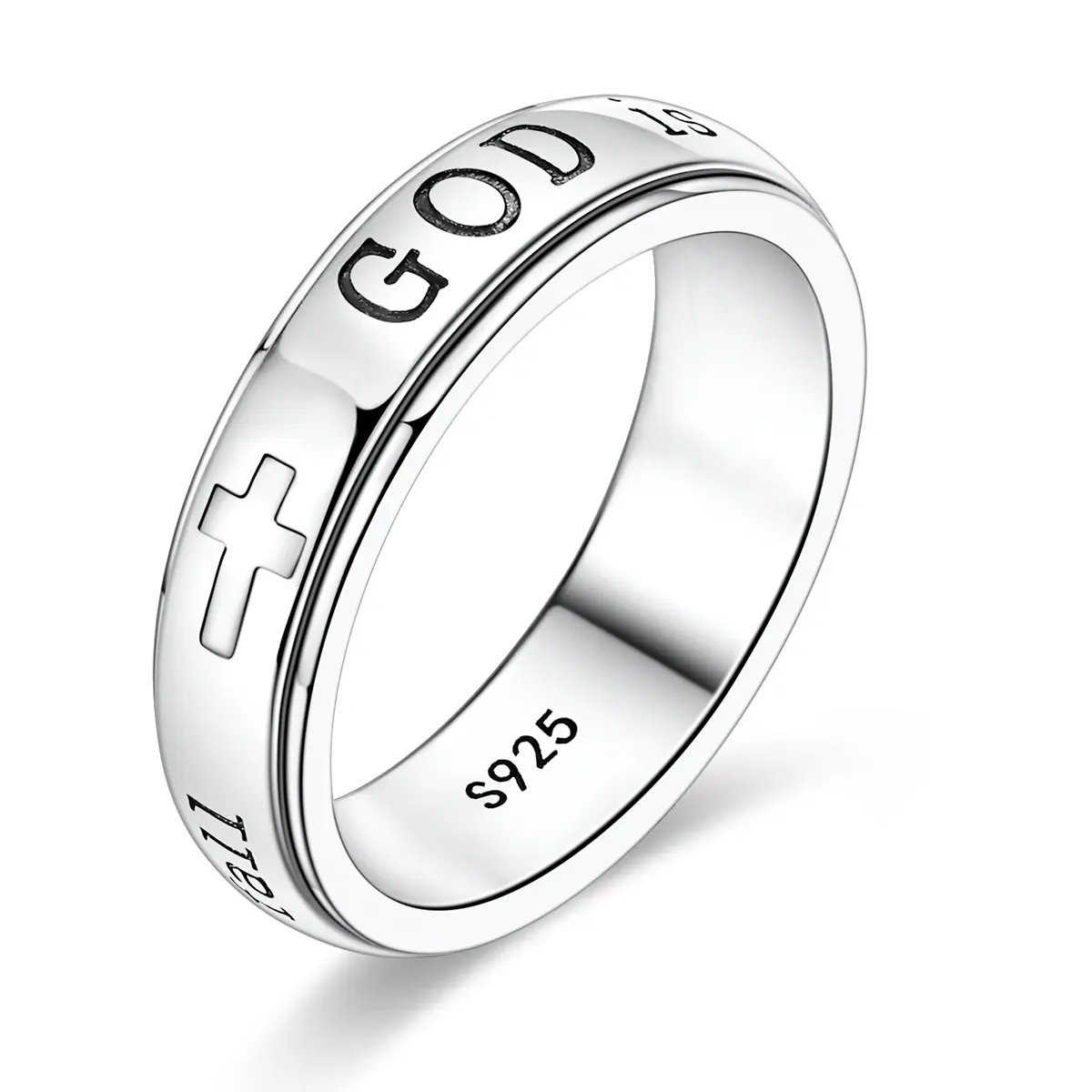 Women's 925 Silver-Plated Spinner Ring, Christian Fidget Jewelry with Engraved Psalm 46:5 Verse and Holy Cross for Anxiety Relief, Inspirational Message Gift for Resilience, Strength, Gift Of Encouragement, Calming Spinner