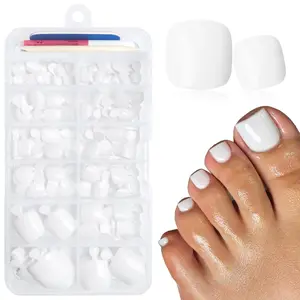 168pc Press on Toenails Women Fake Toe Nails with Glue Adhesive Tabs, White Fake Toenails Press on Nails Toe Acrylic Tips Short Square False Toenails Artificial Toe Press ons
