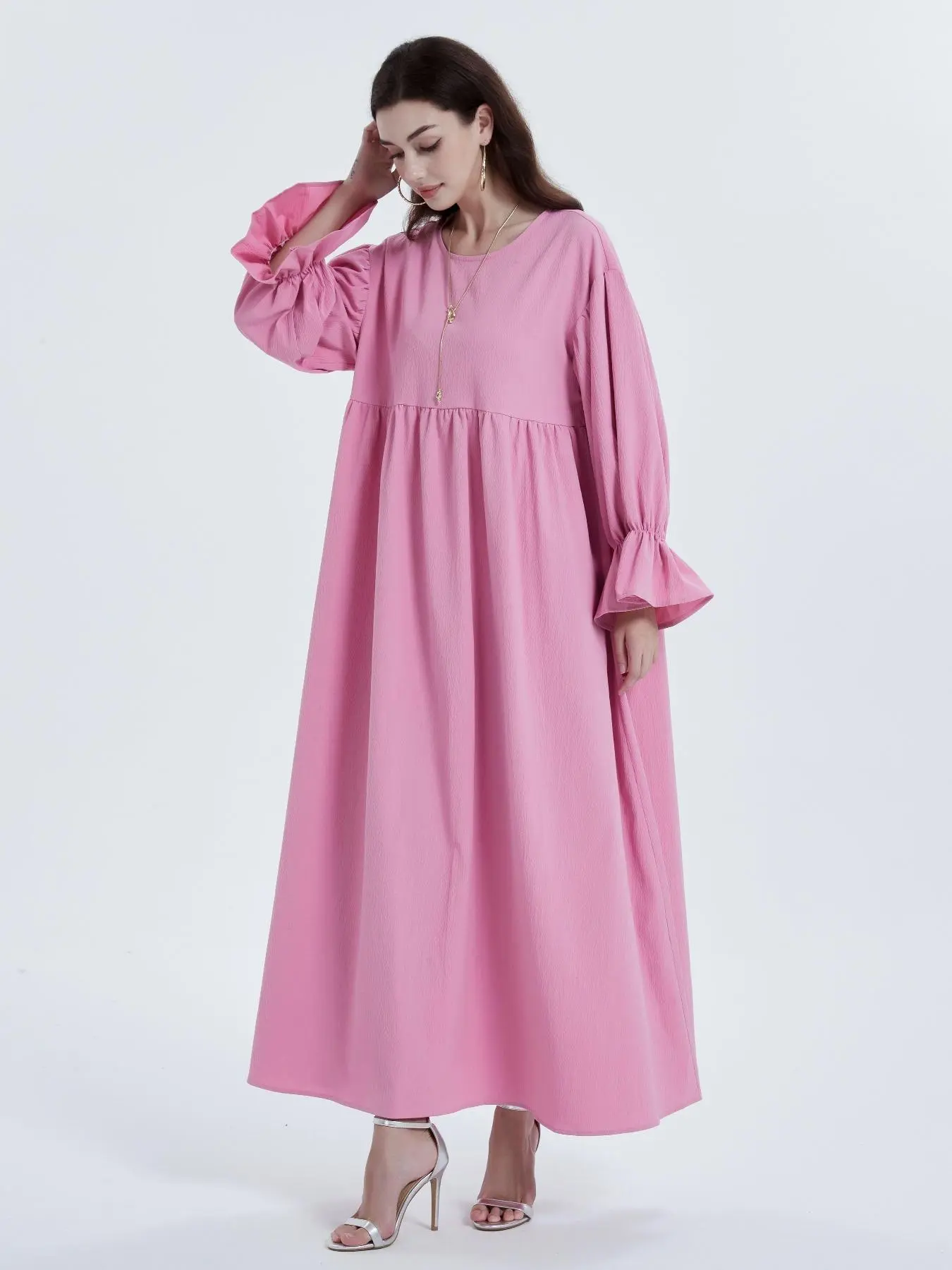 Women's Plain Basic Ruffle Trim Flounce Sleeve Smock Dress, Elegant Long Sleeve Round Neck Dress for Party Holiday Wedding Guest, Ladies Clothes Womenswear for All Seasons