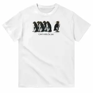 A-"I Just Want to Be Myself" Penguin Print Short-Sleeve T-Shirt — Animal-Themed, Gift Tee, Unisex Retro Graphic Top; Gothic, Punk, & Y2K Style Apparel; Unisex Streetwear for Summer