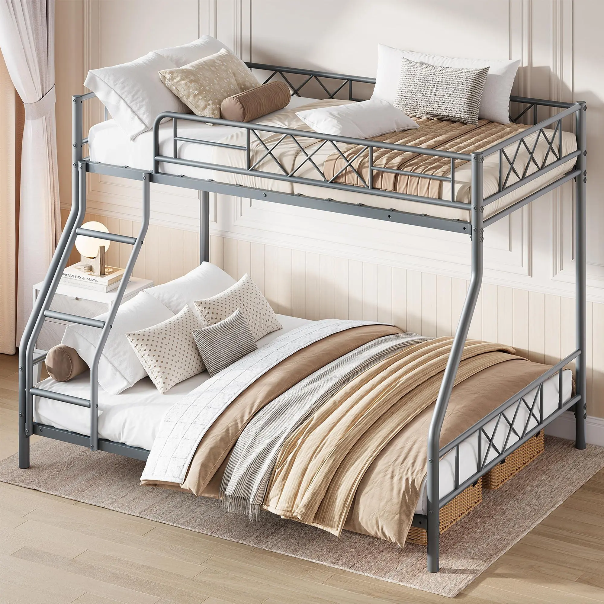 Twin Over Full Metal Bunk Bed with Sand Textured Gray Steel Frame, 3-Side Guardrails, Ladder, and Space-Saving Design – No Box Spring Required, Space Saving Furniture