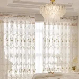 1pc Luxury European Embroidered Floral Lace Window Curtain, Beaded Tiebacks Included, Perfect for Bedroom & Living Room, Eyelet Design, Home Decoration Curtain