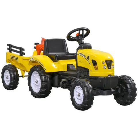 Aosom Kids Plastic Ride On Farm Tractor - Manual Pedal Ride On Machine, 77 lbs Capacity, Back Storage Trailer, Shovel, Rake, Horn, Anti-Slip Wheels, Toys for Boys, Little Boy Gifts, for Backyard Play, Age 3-4 Years+