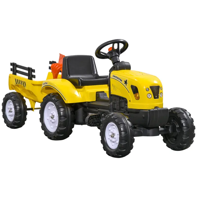 Aosom Kids Plastic Ride On Farm Tractor - Manual Pedal Ride On Machine, 77 lbs Capacity, Back Storage Trailer, Shovel, Rake, Horn, Anti-Slip Wheels, Toys for Boys, Little Boy Gifts, for Backyard Play, Age 3-4 Years+