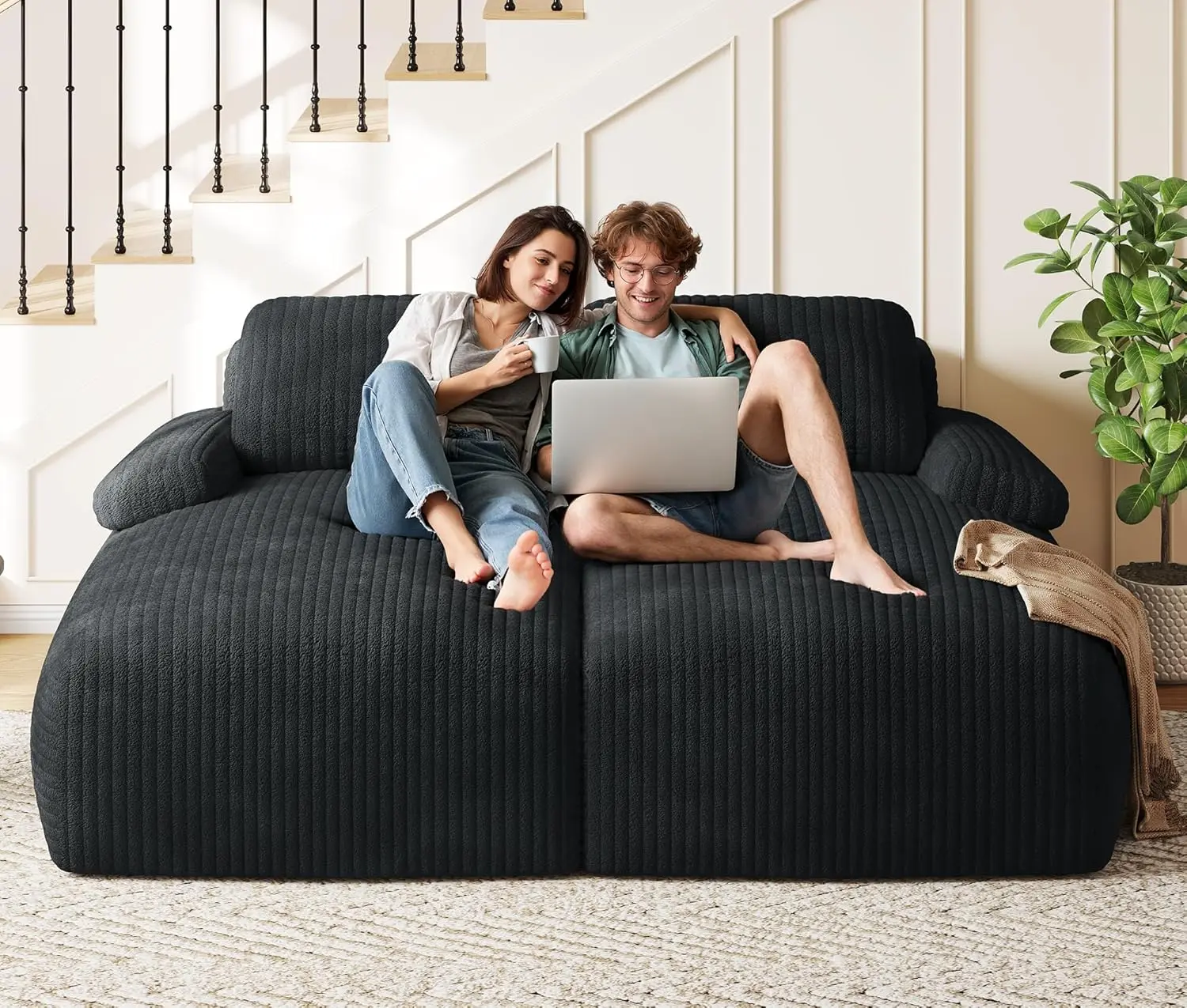 YITAHOME 80" Oversized Double Chaise Lounge, Upholstered Cloud Sofa with Deep Seat & 2 Pillows, Corduroy Loveseat Sleeper Couch with Thick-Density Foam for Living Room, Home Office, No Assembly, Black