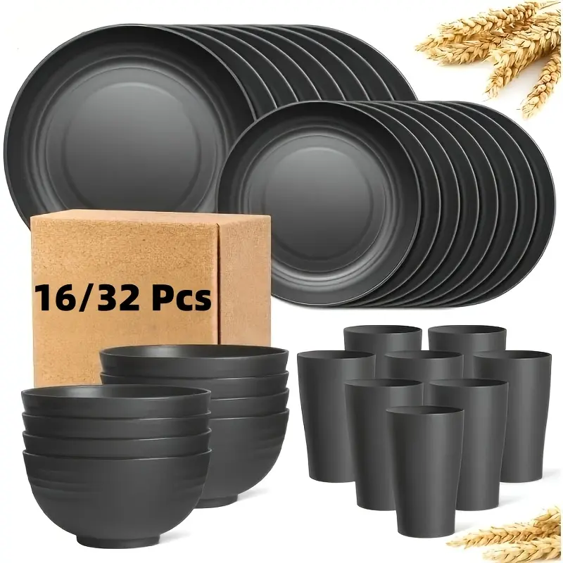 16/32 piece kitchen wheat straw cutlery set, suitable for 4/8 people, shatterproof modern cutlery set, including plates/dessert plates/cereal bowls/cups, dishwasher safe, lightweight cutlery, suitable for camping and daily use, Modern Tableware Sets