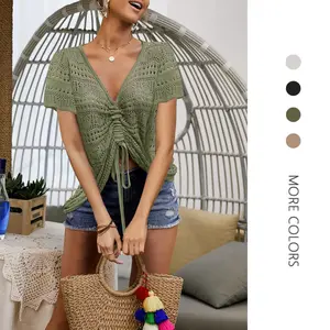 Danedvi Womens Crochet Top Oversized V Neck Summer Flowy Crop Tops Shirts Boho Pullover Sweaters