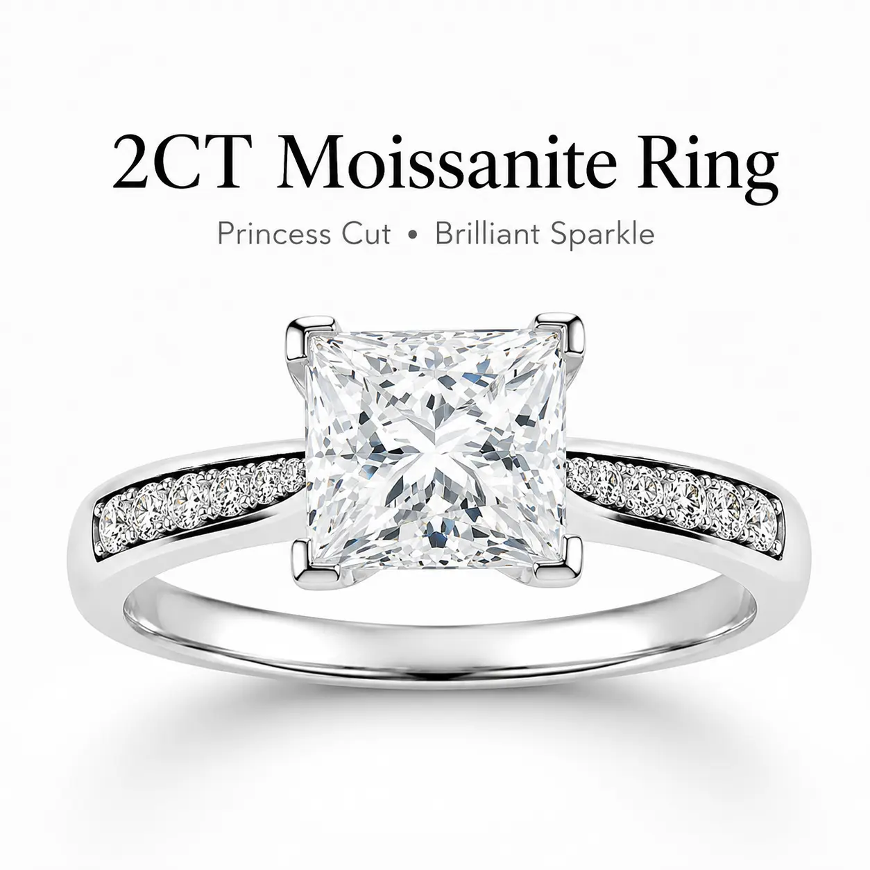 S925 Sterling Silver 2CT Princess Cut Moissanite Ring, D Color VVS1 Engagement Ring for Women, Bridal Wedding Band ray engagement ring