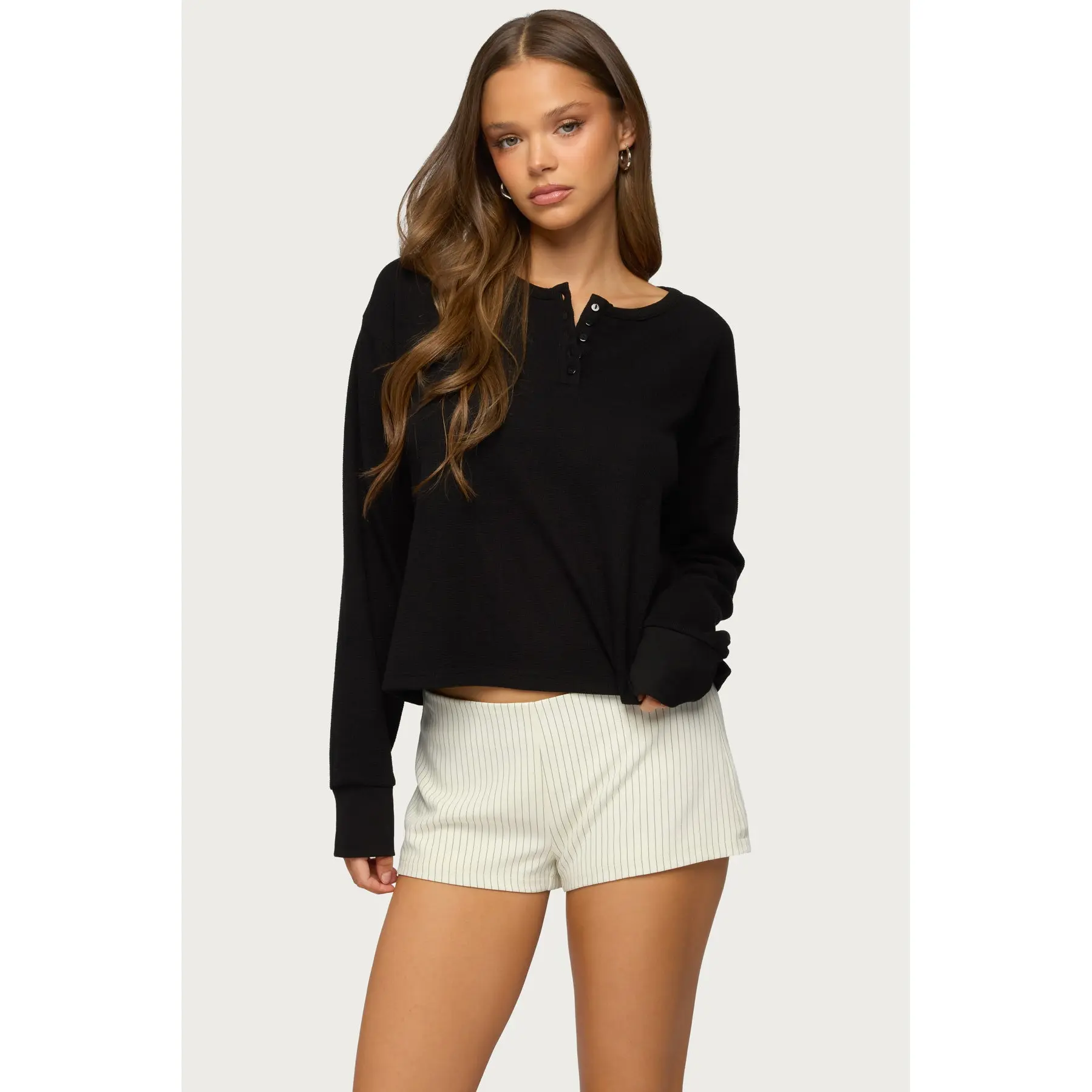 Deni Long Sleeve Henley Waffle Top
