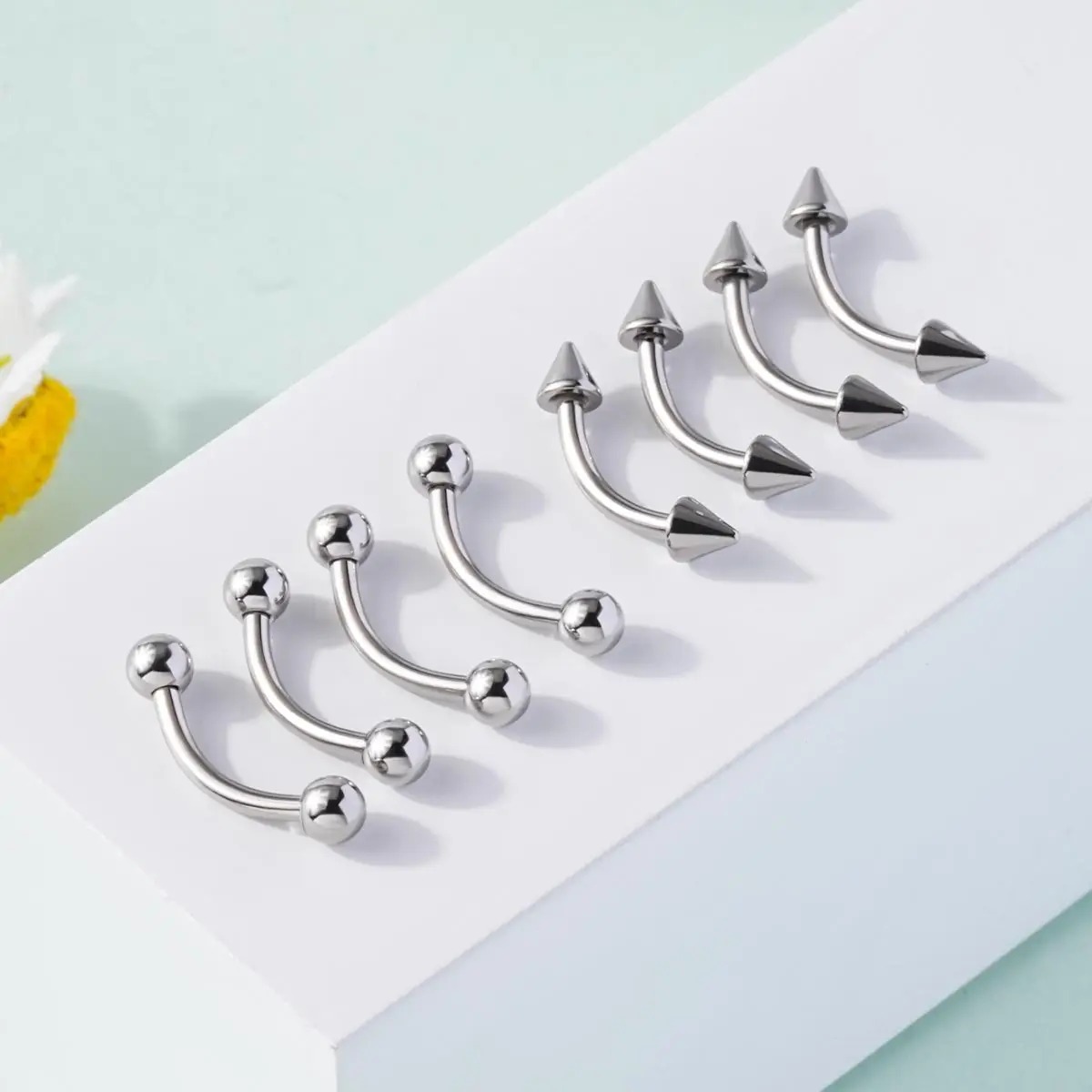 Oufer 16G 8PCS Stainless Steel Piercing Jewelry Set - Funky Balls & Spikes Curved Bar for Rook, Eyebrow Piercings, Funky Piercing Jewelry, Curved Barbell Piercing Jewelry