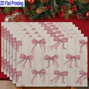 1PC/4Pcs/6Pcs 2D Flat Printed Pink Bows Stripes Pattern Table Mats, Placemats, Kitchen Decorative Placemat, Heat-resistant Kitchen Table Mats, Home Restaurant Table Mats, Outdoor Picnic Table Cloth Mats, Etc
