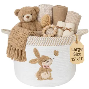 Bunny Storage Basket for Nursery – Large 15"x11" Cotton Rope Bin with Soft Embroidered Bunny Patch – Toy Organizer, Baby Laundry Hamper, Blanket & Diaper Holder – Foldable, Washable & Baby-Safe