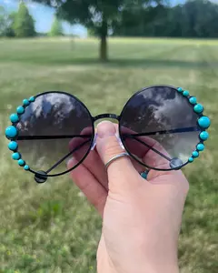 Free-Spirit Western Boho Sunglasses - Turquoise Stones & Oversized Round Black Lenses