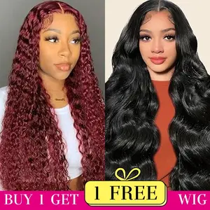 [Combo sale 22"&22"]buy 1 get 2 wig"22 lnch 13x4 Jerry curly 99J Hair Lace Front Wigs +13x4 22lnch Straight Human Hair Hair Pre Plucked HD Transparent Lace Frontal Human Hair Wigs 180% Density