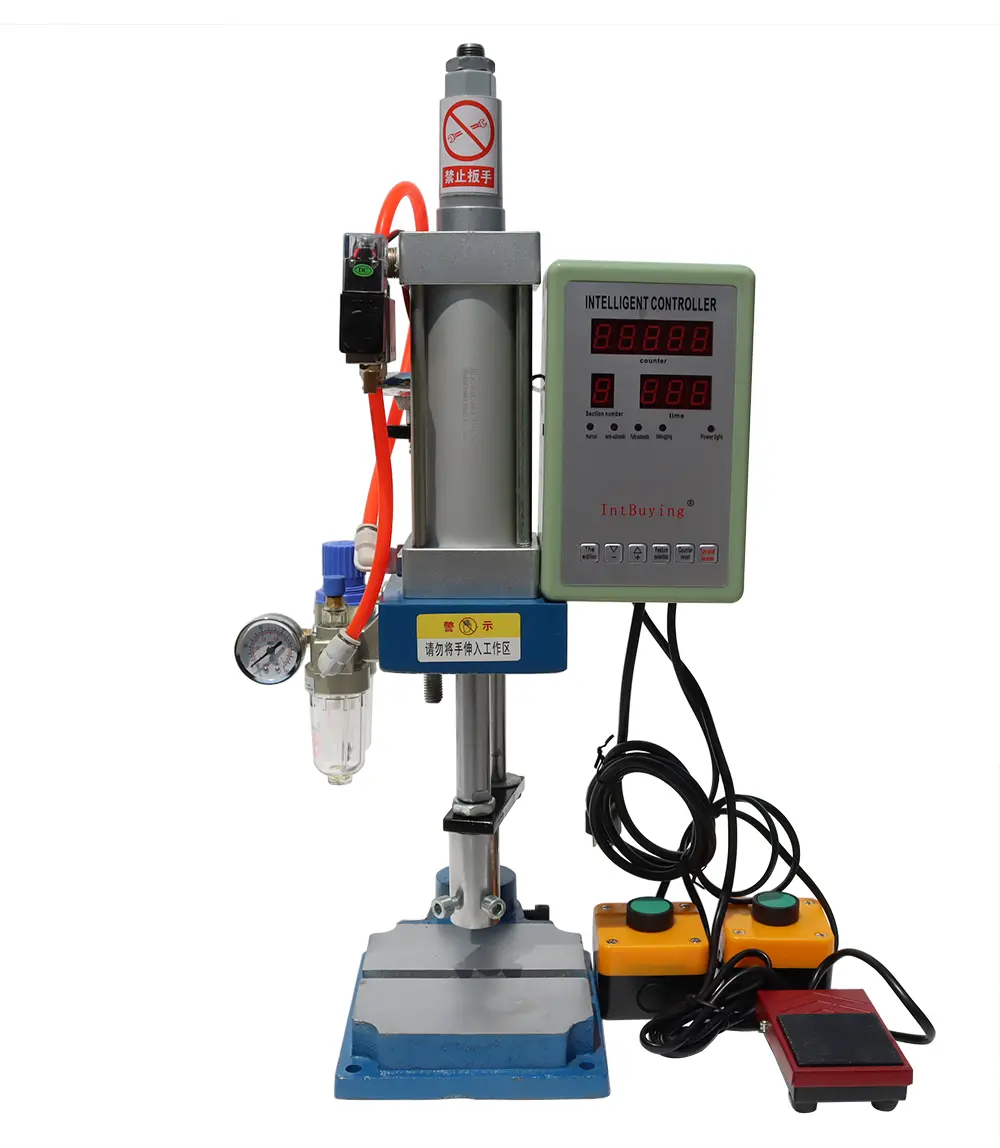 YOKOMA Pneumatic Punch Press Machine with Display Controller Adjustable Cylinder Stroke Pneumatic Press for Sheet Metal Desktop Punching Press Machine 2 Buttons (200KG/440LB Pressure) 110V