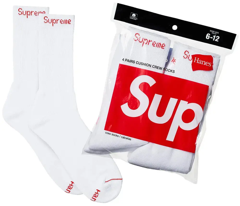 Supreme Hanes Crew Socks (4 Pack) White 100% Authentic Everyday Wear Comfortable and Durable Mid Calf Comfy Cozy Fashion Style Socks