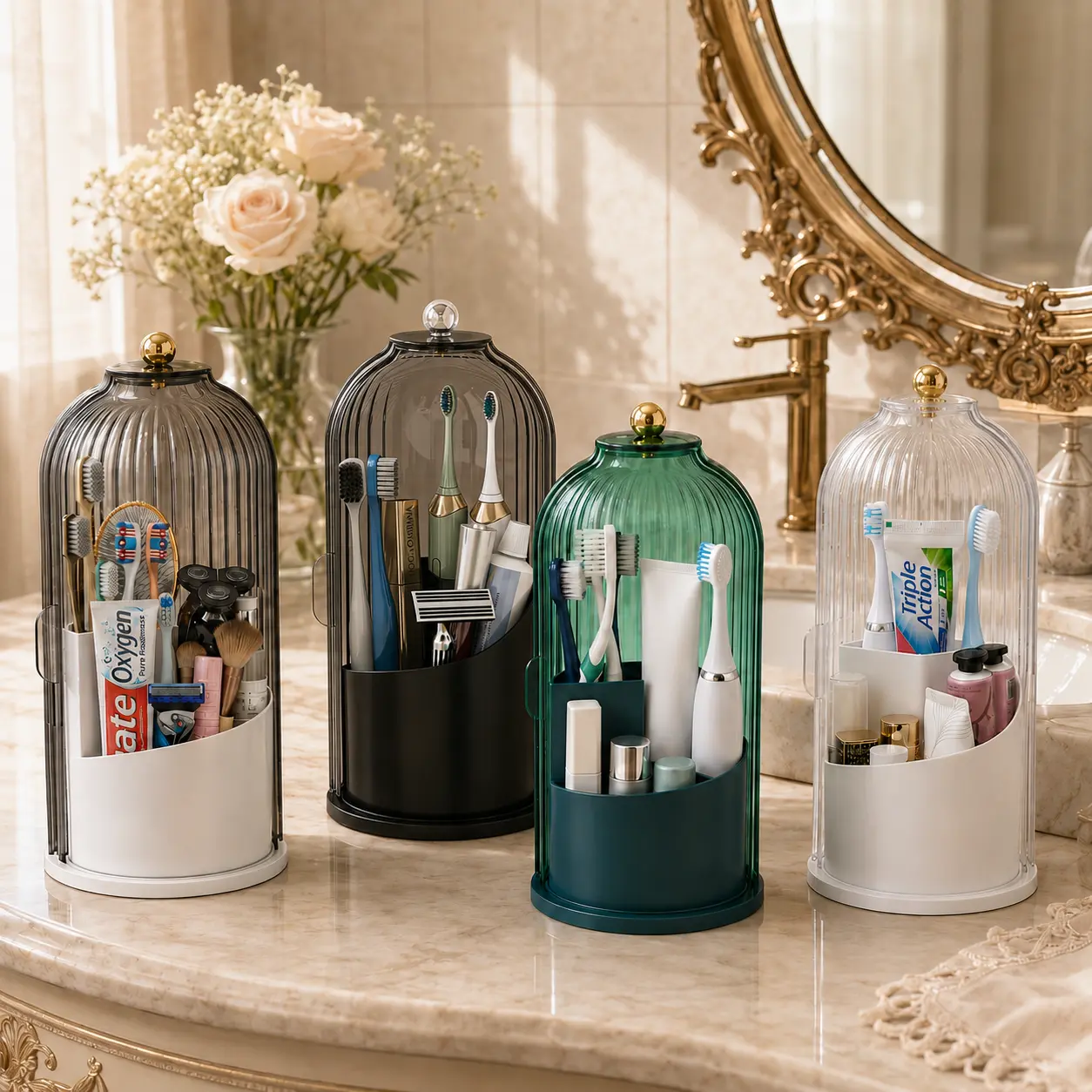 4 Colors 360° Rotating Storage Box with Dustproof Lid,Multi-Compartment Large Capacity Organizer for Toothbrush Toothpaste Makeup Brushes Lipsticks,Aesthetic Birdcage Design Vanity Countertop Caddy for Bathroom Bedroom Dorm,Great Gift for Women Girls