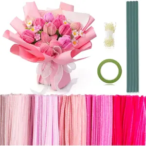 371 Pcs Pipe Cleaners Flowers Kit, Chenille Stems Bulk with Floral Wire Gardening Tape Stamen, Fluffy Limpiapipas para Flores for DIY Mother's Day Decor (Pink)