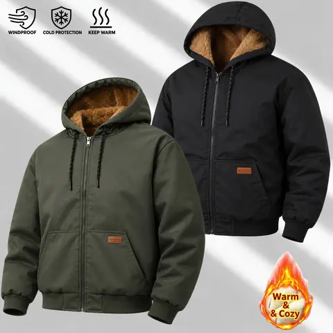 Men’s fleece-lined hooded winter jacket made from fleece fabric, featuring a full zipper and windproof design, pockets, and a minimalist style, available in three colors, suitable for everyday wear in cold weather.