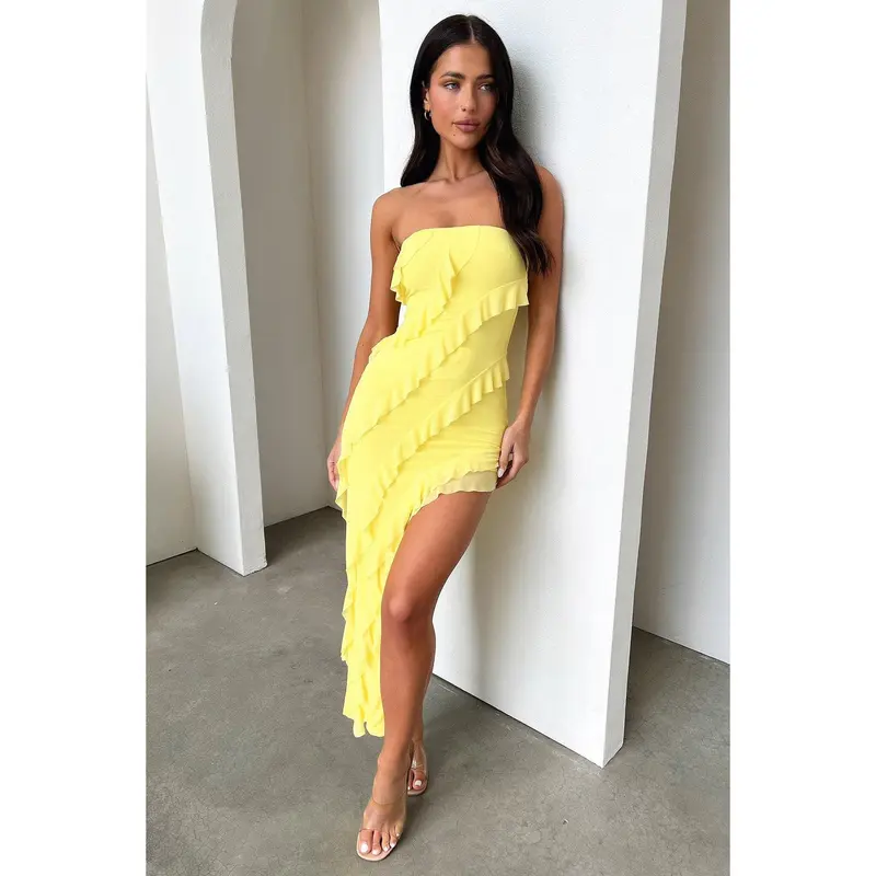 strapless ruffle asymmetrical dress in yellow - TikTok Shop