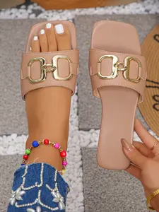 Women's Metal Buckle Slip-On Slippers, Open Toe Slides, Fashionable Slide Sandals, Fashion Casual Trendy Flat Shoes, Elegant Summer PU Leather Wide Fit Footwear