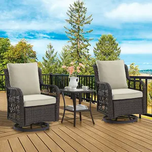 Fathersdaygift Summervibes Flash sale home items All-weather Wicker Swivel Rocking Bistro Set, 3-Piece Patio Conversation Furniture – Swivel Rocker Chairs with Cushions & Tempered Glass Table – For Porch, Backyard, Balcony