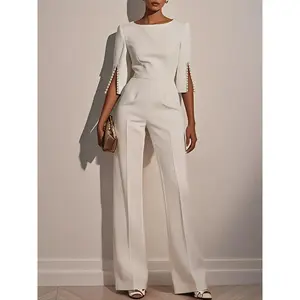 Elegant women’s one-piece jumpsuit, fitted, solid color simple design, round neck dress pants for daily commute, stylish professional look