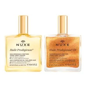 NUXE Prodigious Set - Huile Prodigieuse Multi-Purpose Dry Oil Duo - Luxurious Radiant Glow and Hydration for Face, Body & Hair, 2 x 1.6 Fl Oz