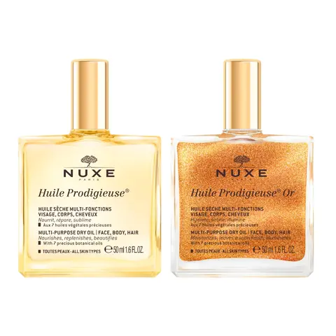 NUXE Huile Prodigieuse Dry Body Oil Duo, Original & Shimmer, Face, Body & Hair, 2 x 1.6 Fl Oz
