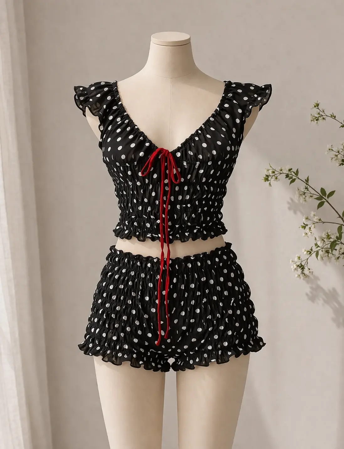 Black White Vintage Style Polka Dot Top Bloomer Shorts Cottage Core Lounge Wear Set  Personalizable, Matching, Gift, Present