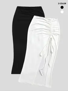 Women's Plain Ruched Split Thigh Skirt, Casual Slim Bodycon Skirt, Summer Clothes Women, Fashion Women's Skirt for Daily Wear, Summer Outfits 2024, Bottom, Basic, Womenswear
