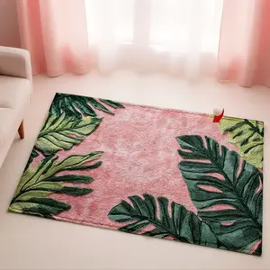 A Single Piece of Bathroom Mat Featuring a Pink Backdrop with a Green Leaf Design, Made from Imitation Cashmere Material, Soft And Fluffy for Decoration. Ideal for Use in Bathrooms, Doorways, Kitchens, And More