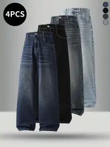 4-pack men’s jeans for autumn/winter, high cotton content, simple versatile straight-leg classic vintage jeans—men’s pants suitable for everyday commuting and casual wear.