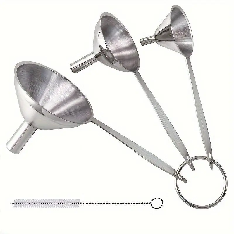 Stainless Steel Funnel Set with Cleaning Brush, 1 Set Durable and Dishwasher Safe Funnel Tools Set, Kitchen Utensils Gadgets, Suitable for Transferring Essential Oil