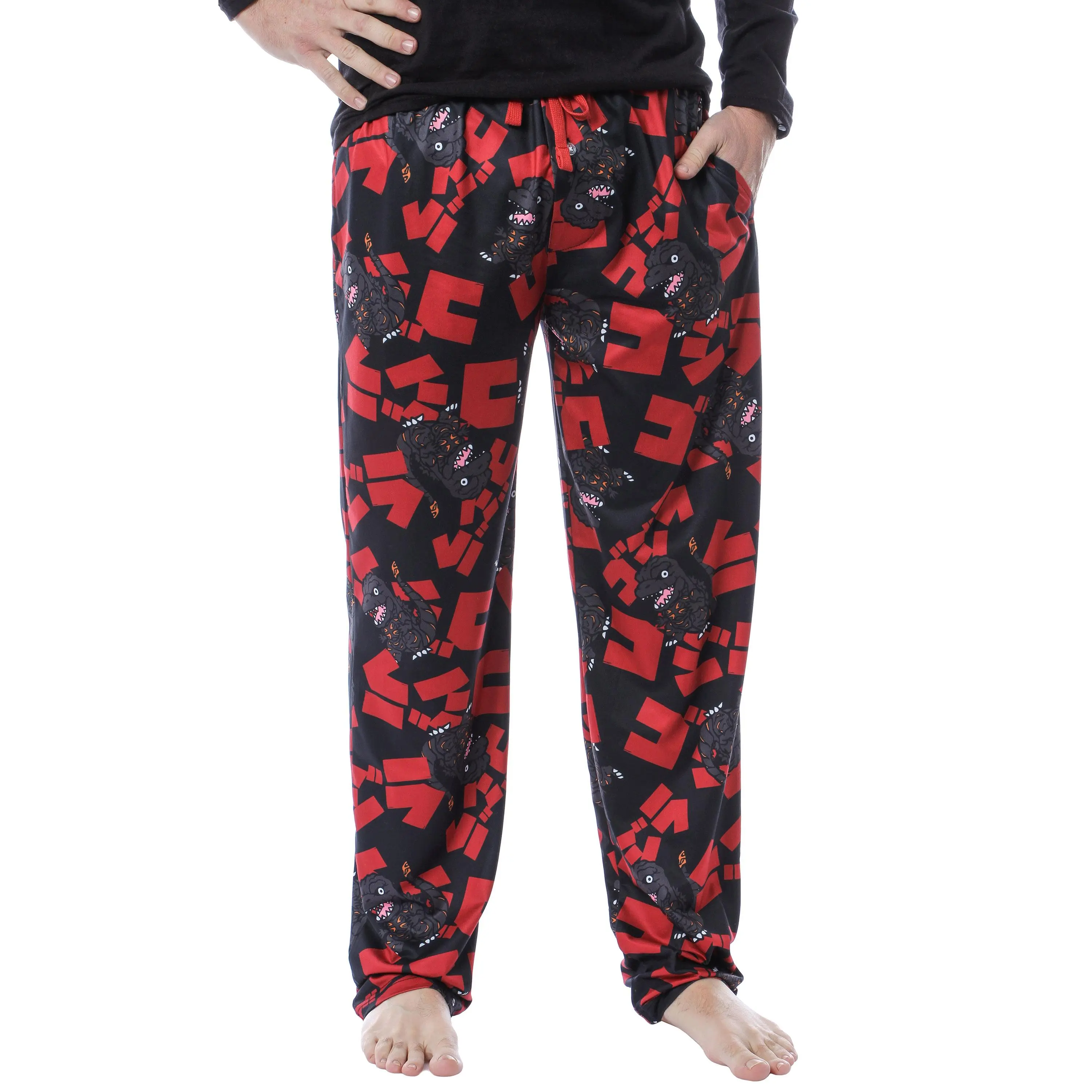Godzilla Men's Character And Japanese Script Allover Pattern Adult Lounge Sleep Pajama Pants