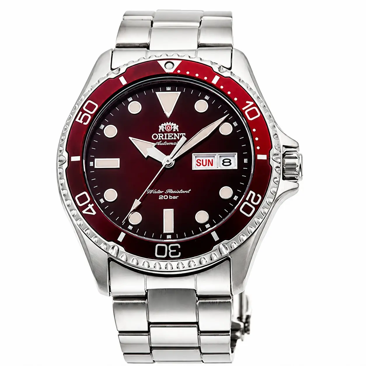 Men Orient automatic diver watch 200-meter waterproof sealed steel shell, day-date display, luminous markers, applicable to swimming surfing seaside vacation, practical gift for boyfriend husband