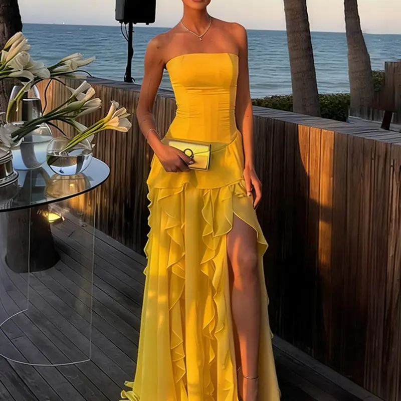 High-end Banquet Style Irregular Wavy Ribbon Side Slit Party Dress. Slim High Waist Flowy Backless Strapless Dress. Retro Plain Formal Occasion Formal Wear Midi Dress. Backless Cocktail Dress