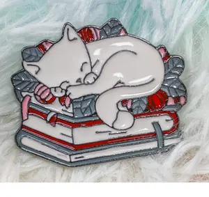 White Cat & Books Enamel Pin