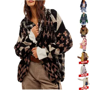 Tanming Women's TikTokShopBlackFriday Oversized Geometric Checkered Cardigan Sweater Long Sleeve Drop Shoulder Chunky Knit Plaid Shawl Collar Coats Y2k Print for Autumn Winter Casual Wear Polyester Material Breathable Fit Medium Tops