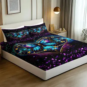 Butterfly Bedding Fitted Sheet Set,Romantic Love Flower Glitter Bed Fitted Sheet for Room Decor,Blue Butterfly Fitted Sheet Sets,1 Fitted Sheet+2 Pillowcases