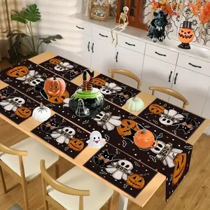 1/5/7-piece set, Halloween table flag and placemat set, polka dot ghost pumpkin cat Halloween table mat, suitable for party decoration, kitchen, restaurant table decoration, family gathering holiday decoration, home decoration, gifts, party supplies
