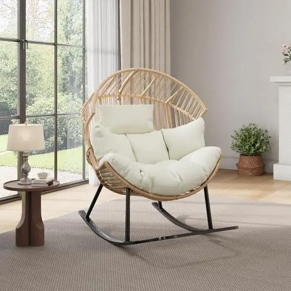 Wicker Rocking Egg Chair, Oversized Ergonomic Rattan Lounge Rocker with Extra-Soft Pillow and Thick Cushion for Indoor & Outdoor, Living Room, Backyard & Garden – Cream Cushion, Natural Wicker Frame