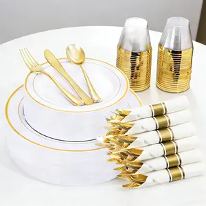 Elegant Gold Disposable Tableware Set | 10/25 Count | No-Clean Party Supplies | Includes Full Set of Cups, Plates, Forks & Spoons | Perfect for Weddings, Celebrations, Parties & Home Dinners