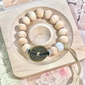 Mountain Spirit coin Jasmine Woody Bracelet– Traditional Chinese lucky Coin Bracelet with Anti-Evil and Good Fortune Symbolism Wooden Beads, Ceramic with Natural Texture Design Handmade Friendship and Birthday Gift bracelet making Cute Teen daily use