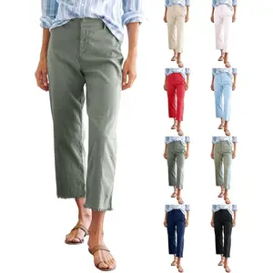 Women’s Cropped Linen Capri Pants, High-Waisted Straight Leg, Raw Hem, Ankle Length, with Pockets — Work/Business Casual