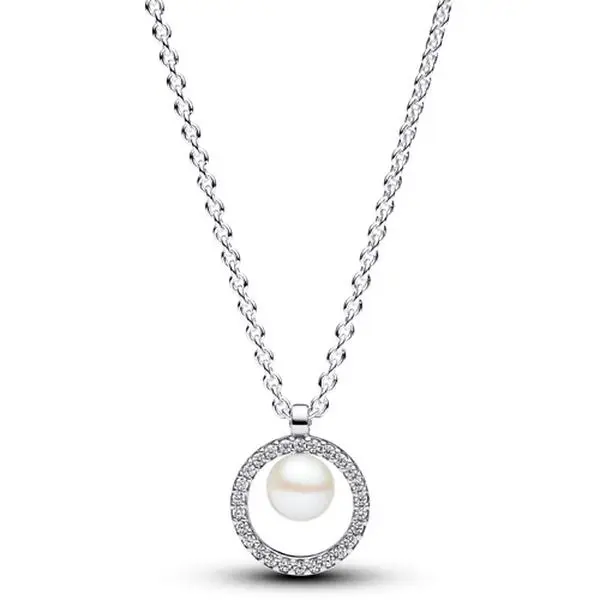 Pandora Treated Freshwater Cultured Pearl & Pave Collier Necklace 393165C01-45, Casual, Adults, Crafted, 45 Cm, Lustrous Pearl, Unisex, Special Occasions, Daily